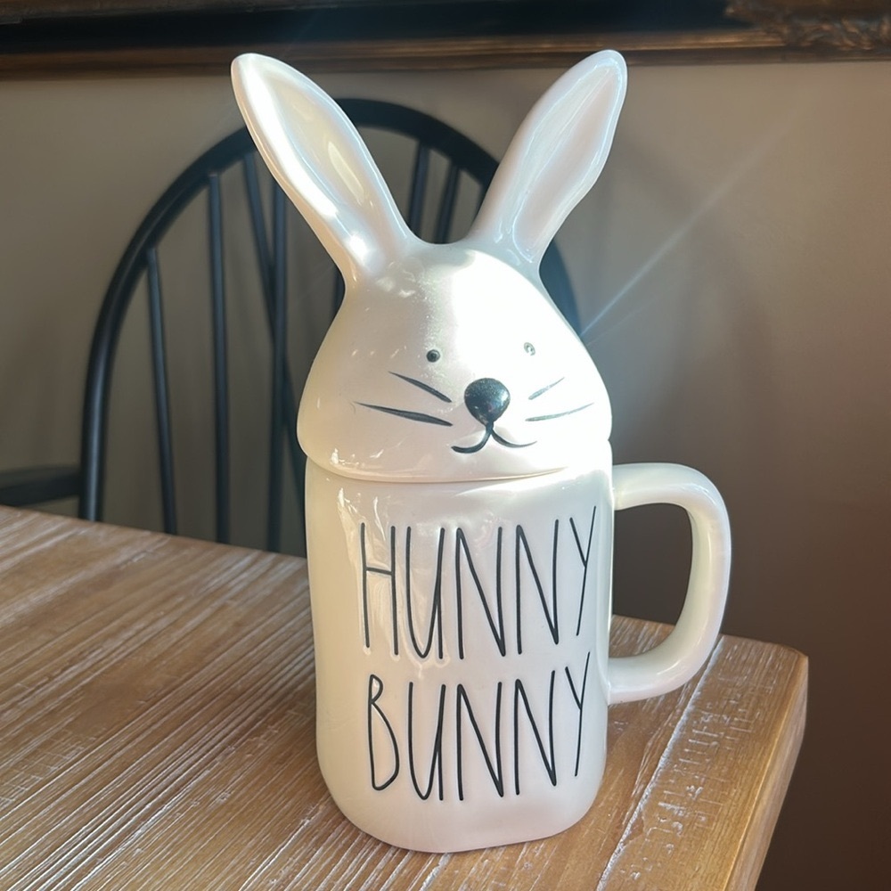 Rae Dunn "Hunny Bunny" Ceramic Mug  Removable Bunny Ear Lid/Topper.
